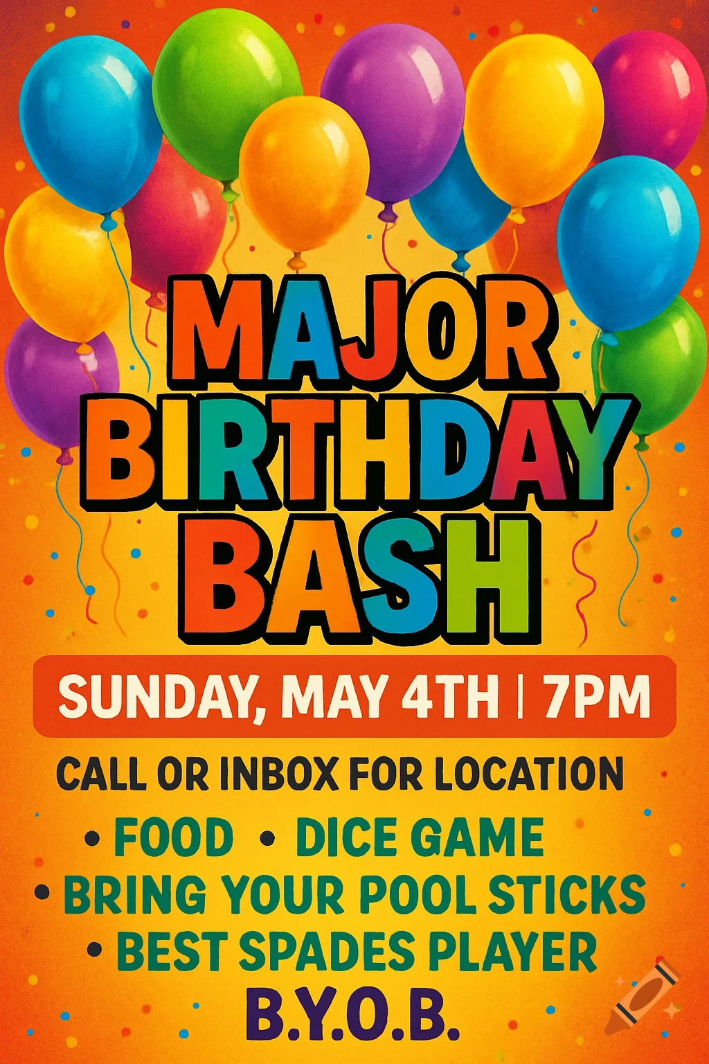 Colorful birthday party flyer with balloons and event details.