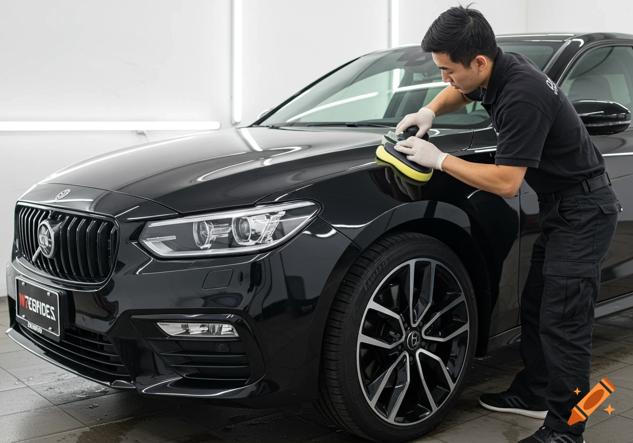Person polishing black car in a detailing studio