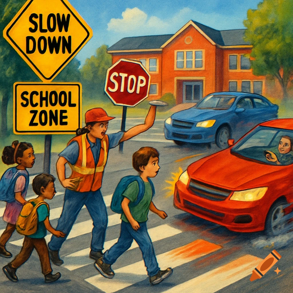 A crossing guard signals children across a crosswalk near a school building with cars and traffic signs for slow down and school zone.