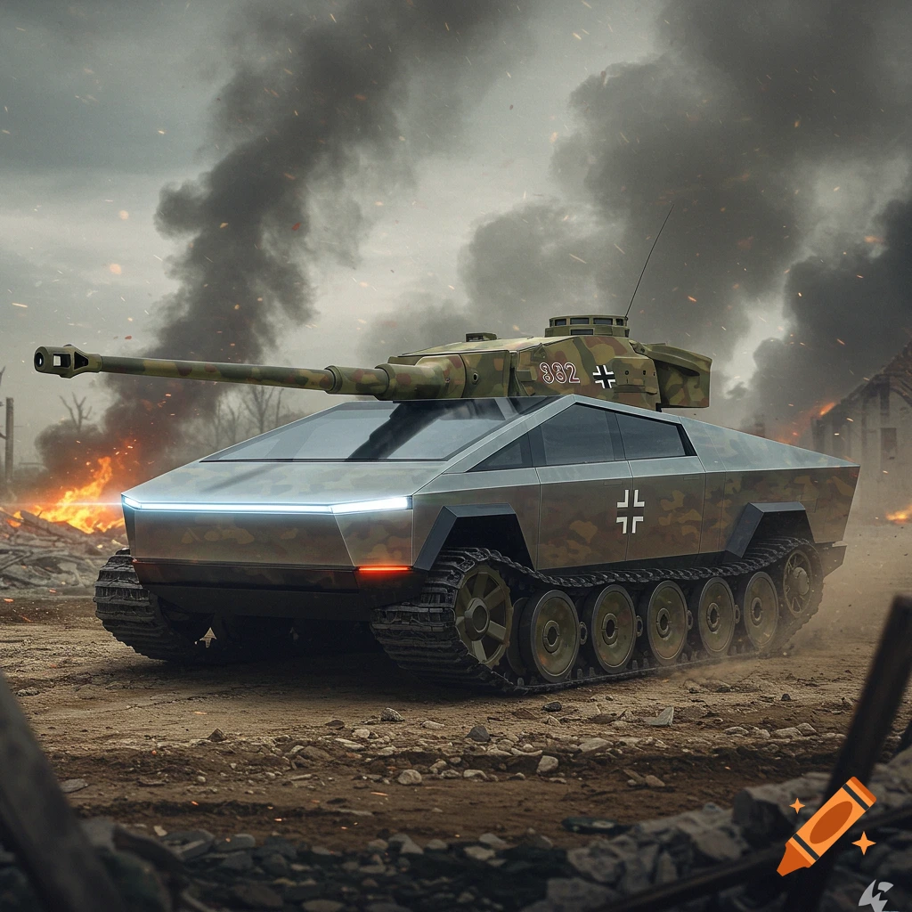 A futuristic Cybertruck-style tank with WWII German markings sits in a destroyed wartime landscape.