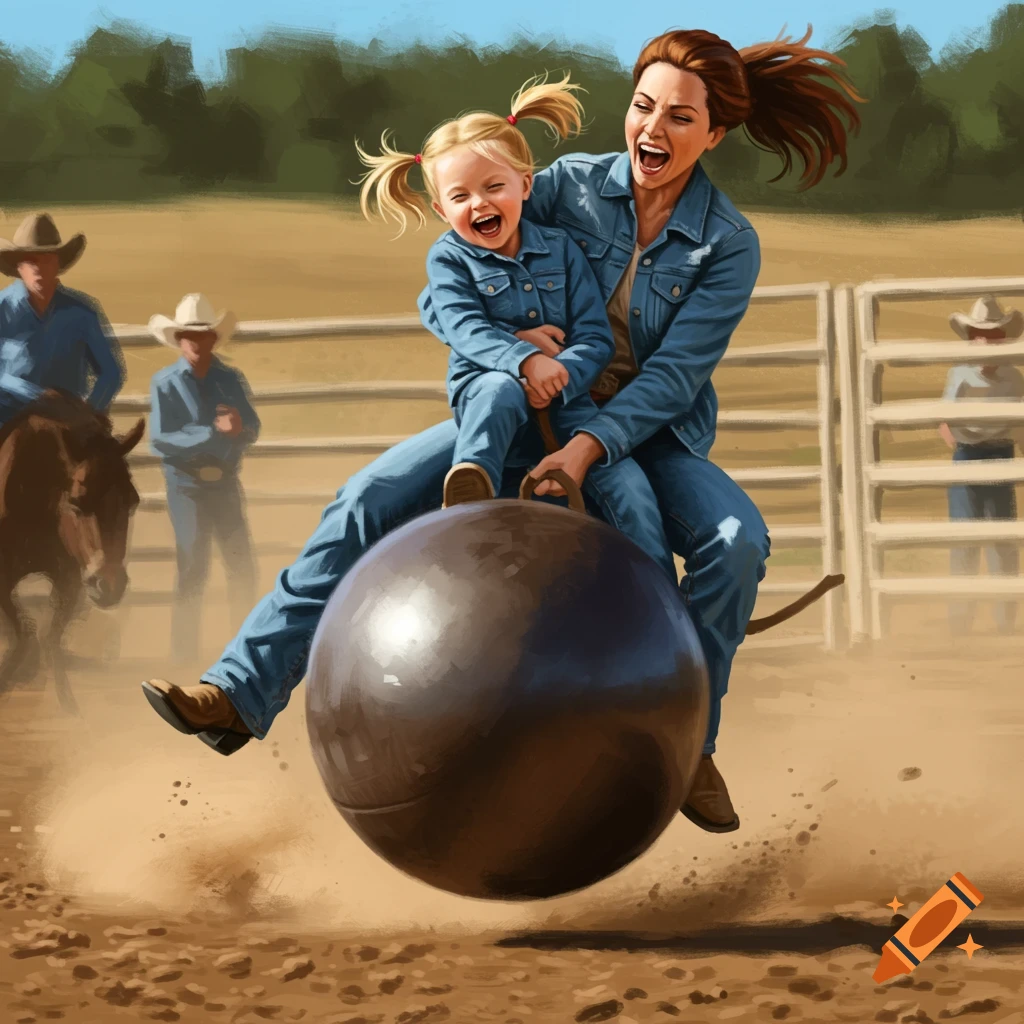 Digital painting of a mother and daughter riding a large bucking ball in a rodeo arena.