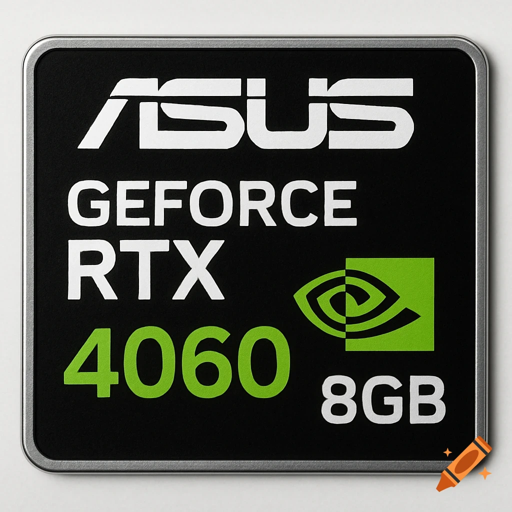 Close-up of a black case badge with text 'ASUS GEFORCE RTX 4060 8GB' and the Nvidia logo.