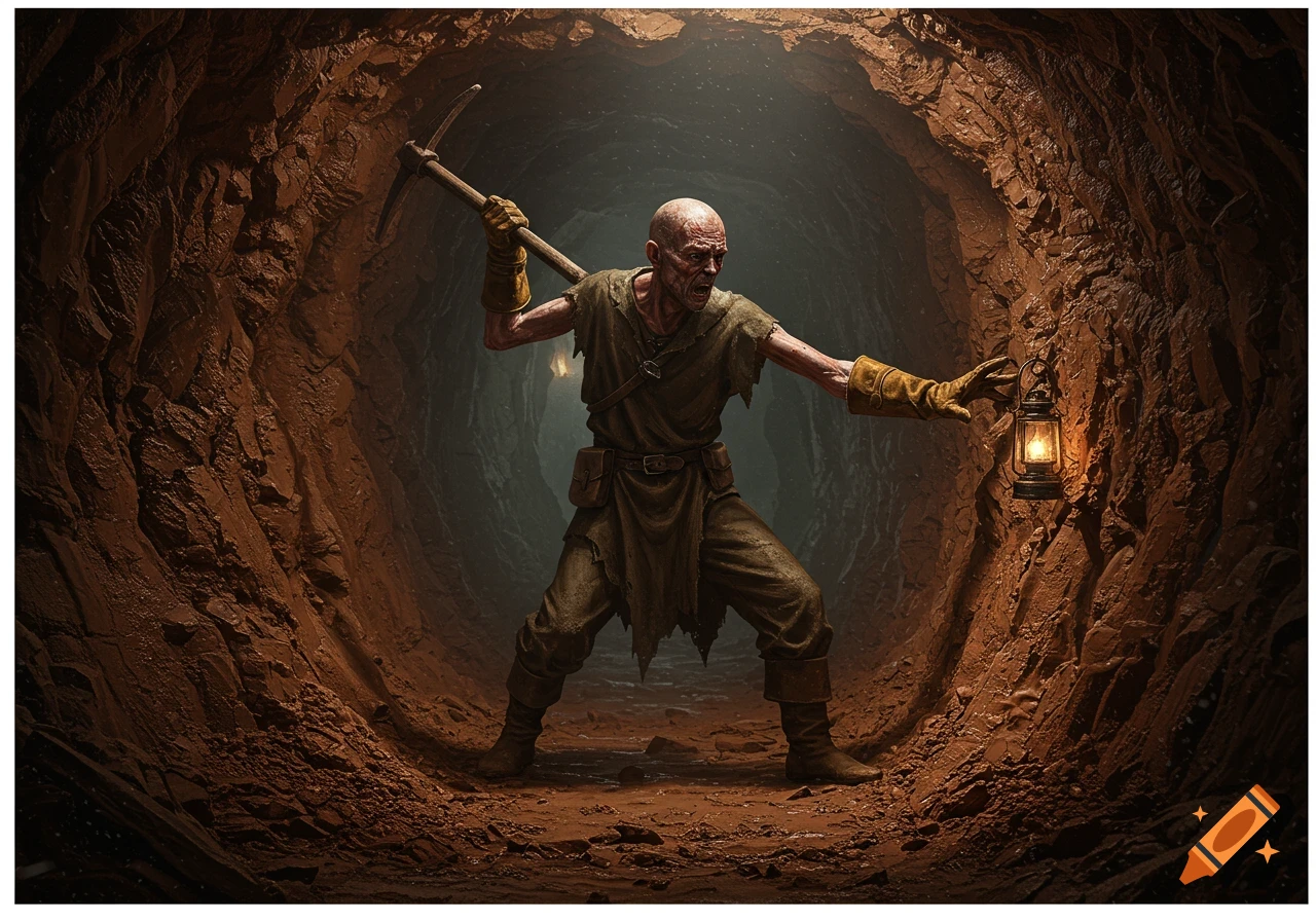 Illustration of a gaunt miner in a cave swinging a pickaxe, lit by a lantern.