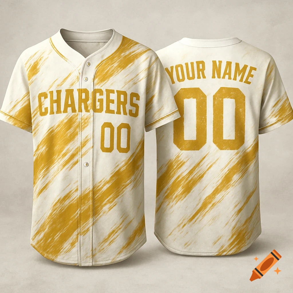 Front and back view of a white baseball jersey with gold brush strokes and gold text CHARGERS 00 on front, YOUR NAME 00 on back.