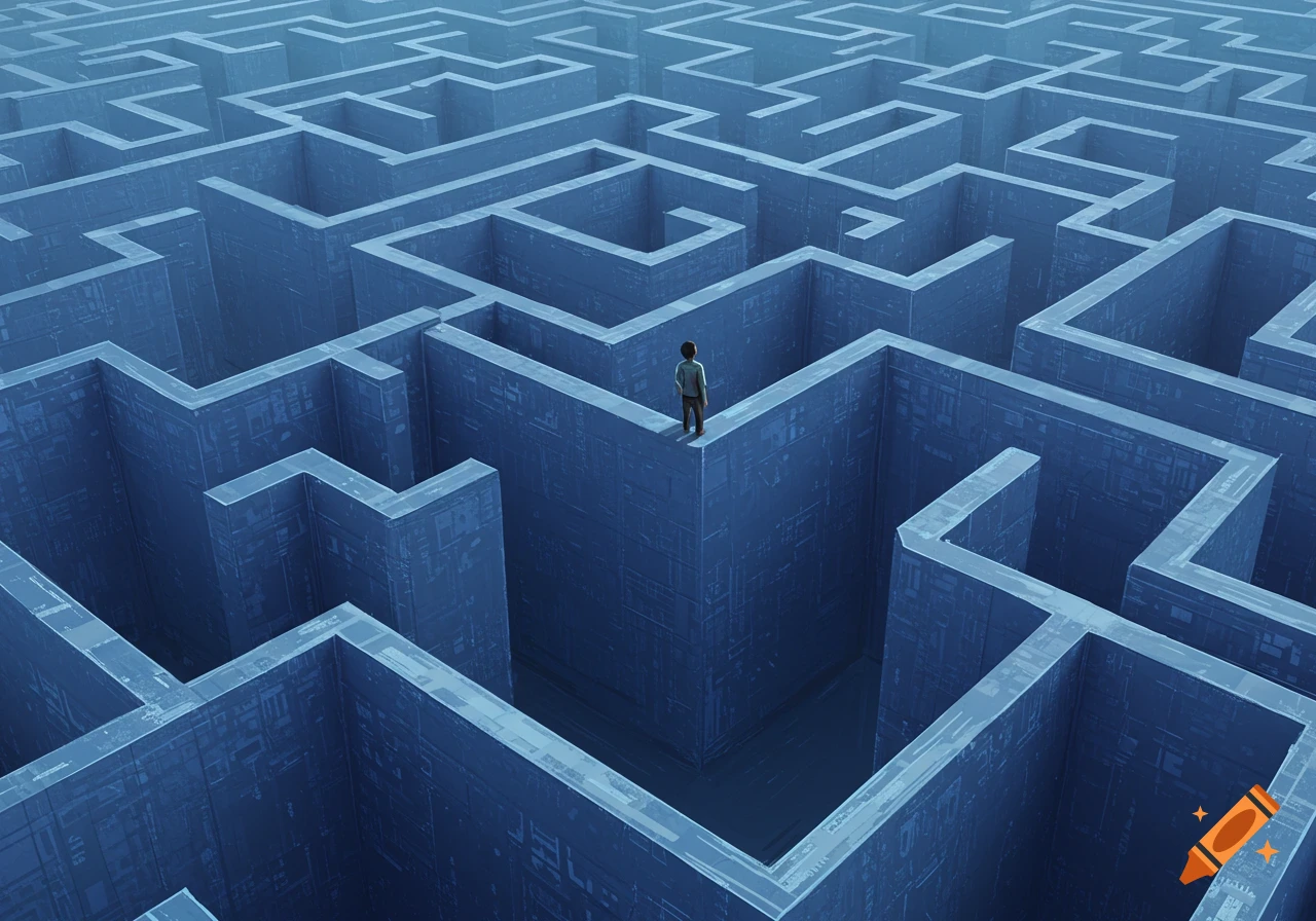 Person standing atop the walls of a large, complex maze with detailed silicon-like textures.