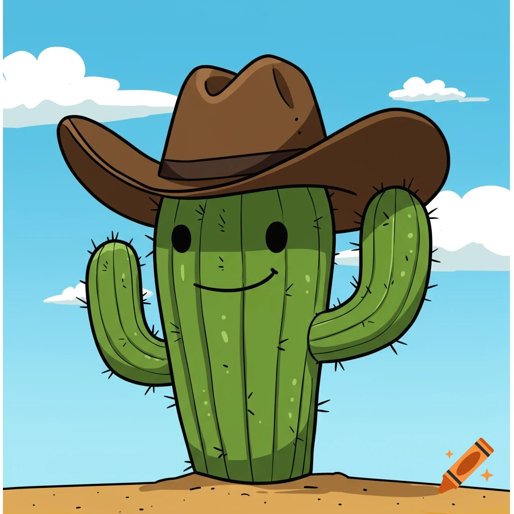 A friendly cartoon cactus wearing a cowboy hat in the desert.