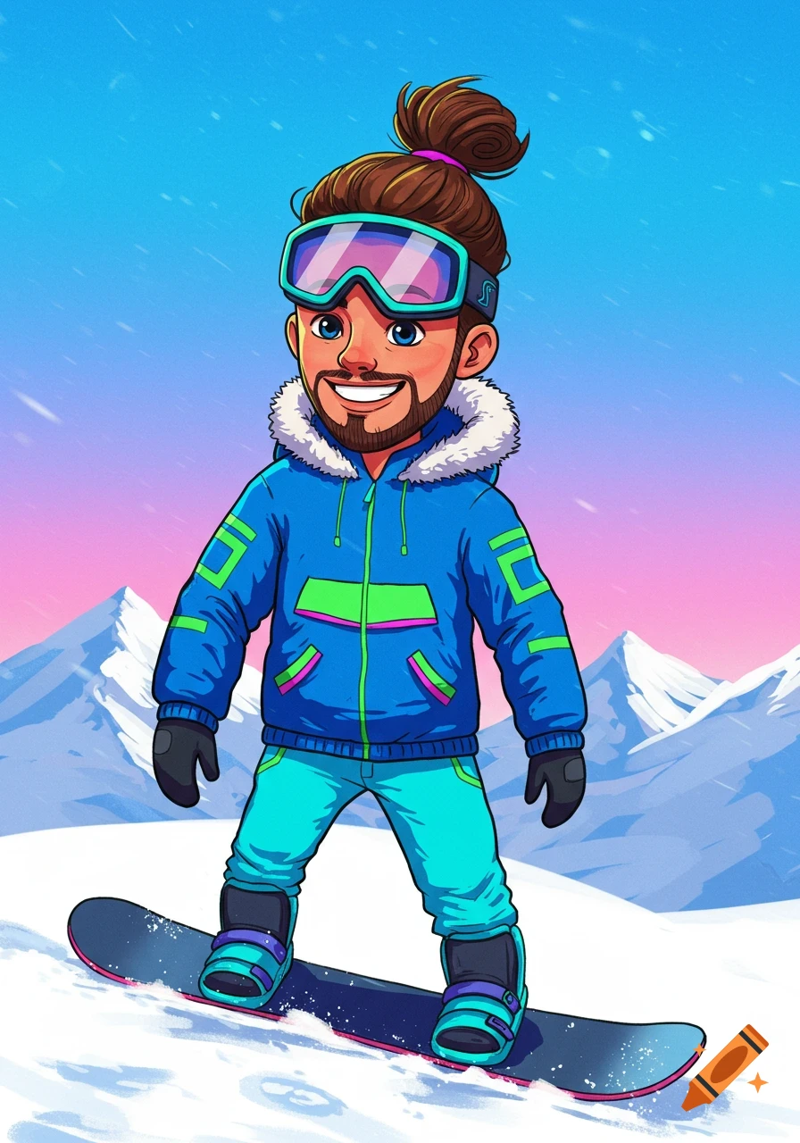 A cartoon man with a man-bun and goggles snowboards down a mountain.
