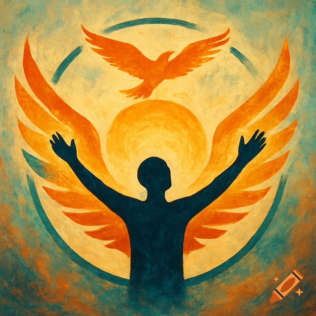 Stylized painting of a figure with arms raised, orange wings, a bird, and sun within a circle, symbolizing freedom.