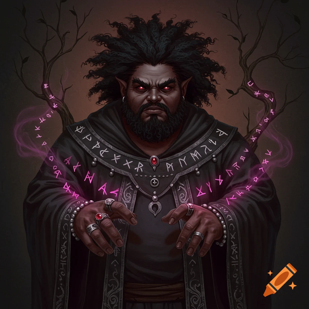 Fantasy art of a dark male witch with red eyes, beard, and dark robe, surrounded by glowing purple runes.