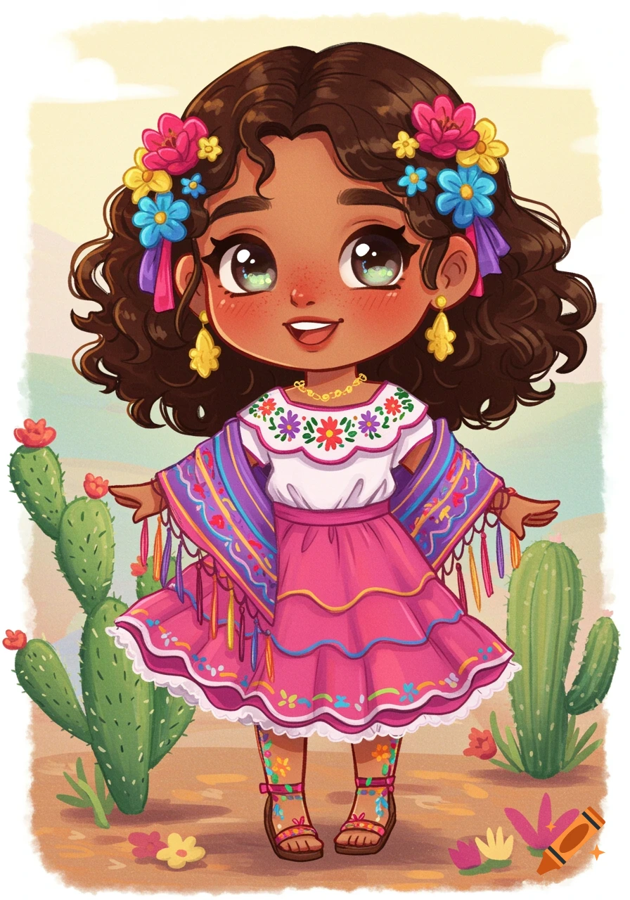A chibi girl with curly brown hair, wearing a traditional Mexican dress, stands among cacti. Stylized illustration.
