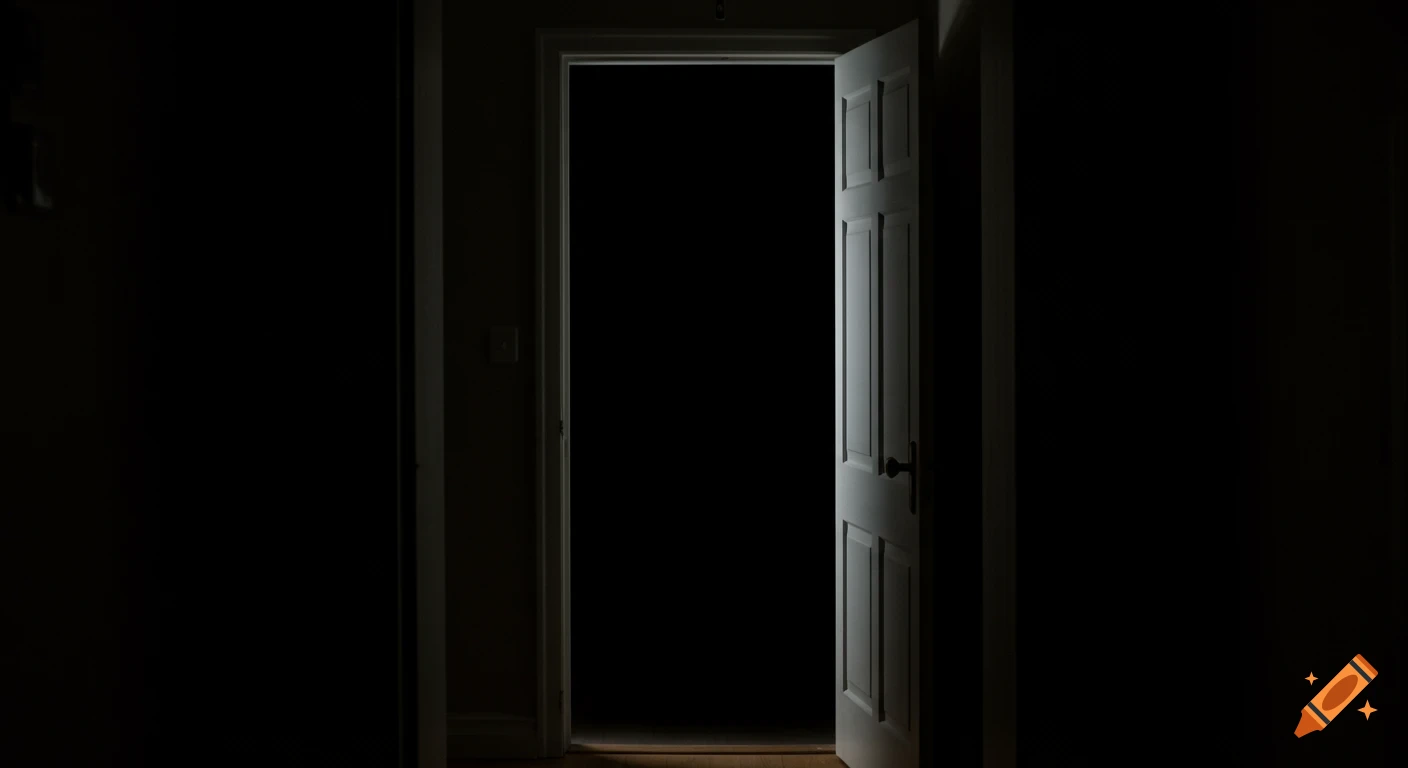 An open door reveals a completely dark room.