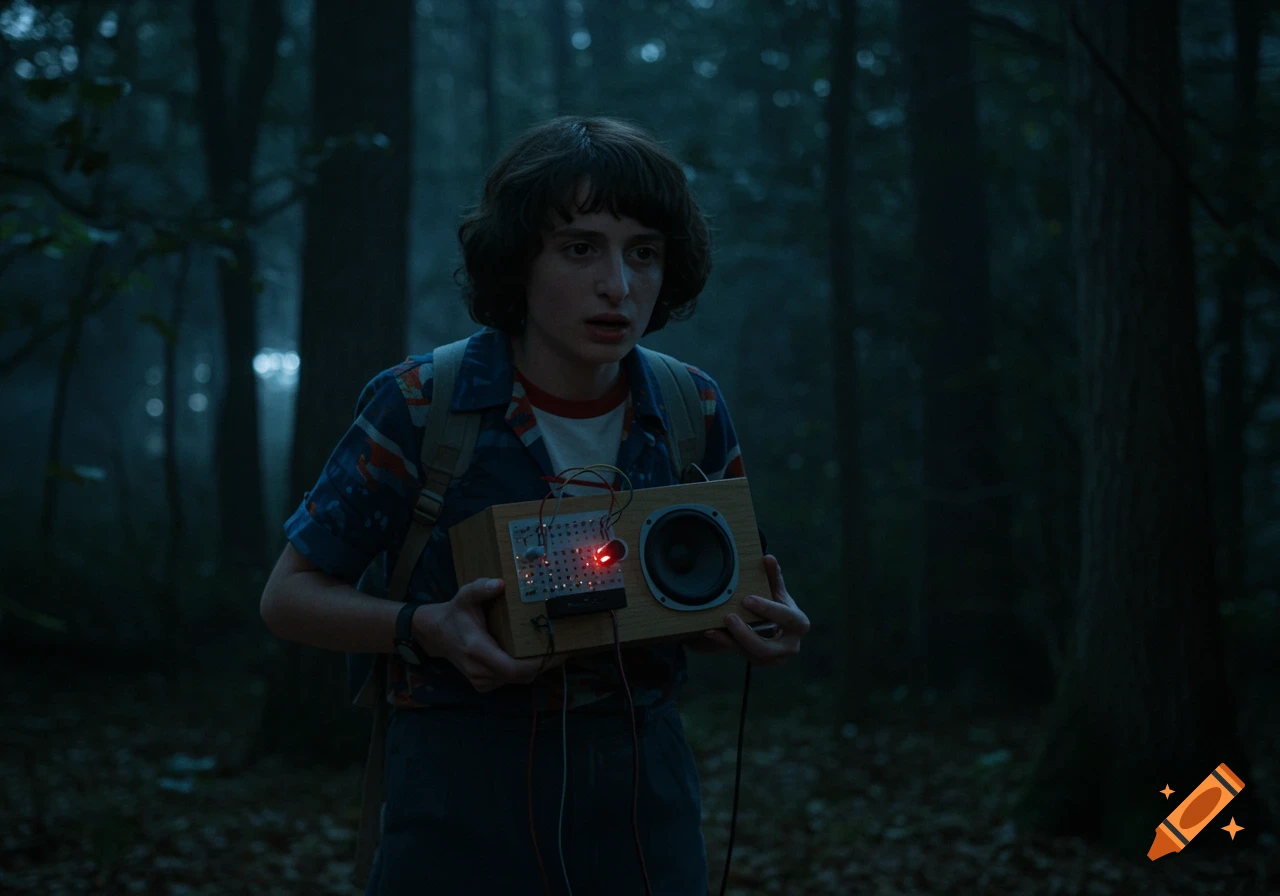 Mike Wheeler from Stranger Things in a forest at night holding a homemade speaker.