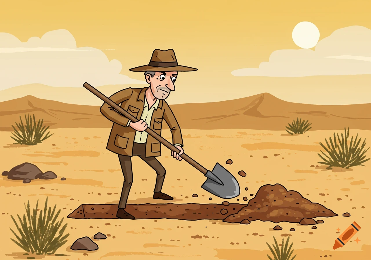 A cartoon man in a hat digs a trench in a desert landscape with a shovel.