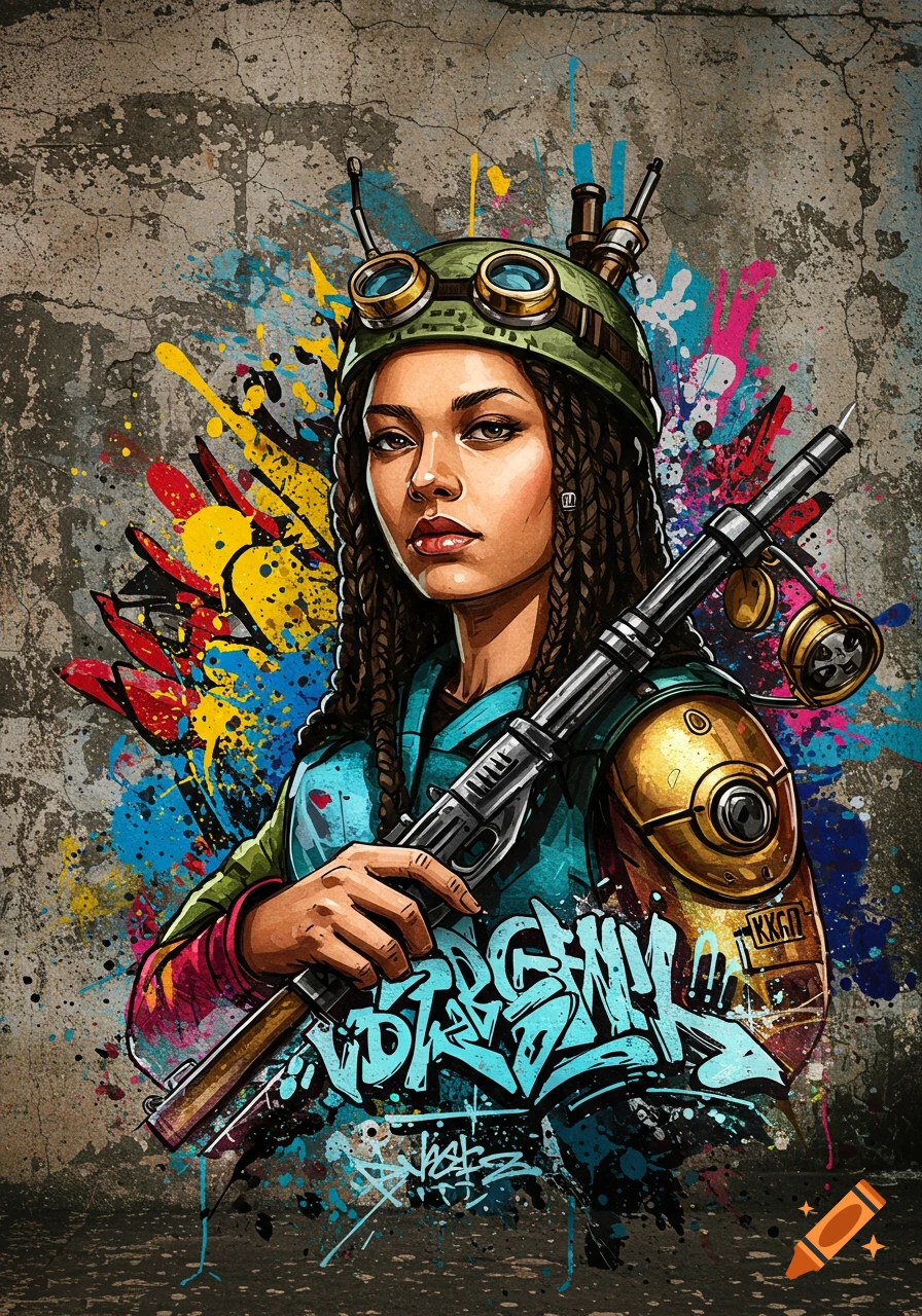 Stylized illustration of a woman in goggles and helmet holding a rifle, with colorful graffiti art on a concrete background.