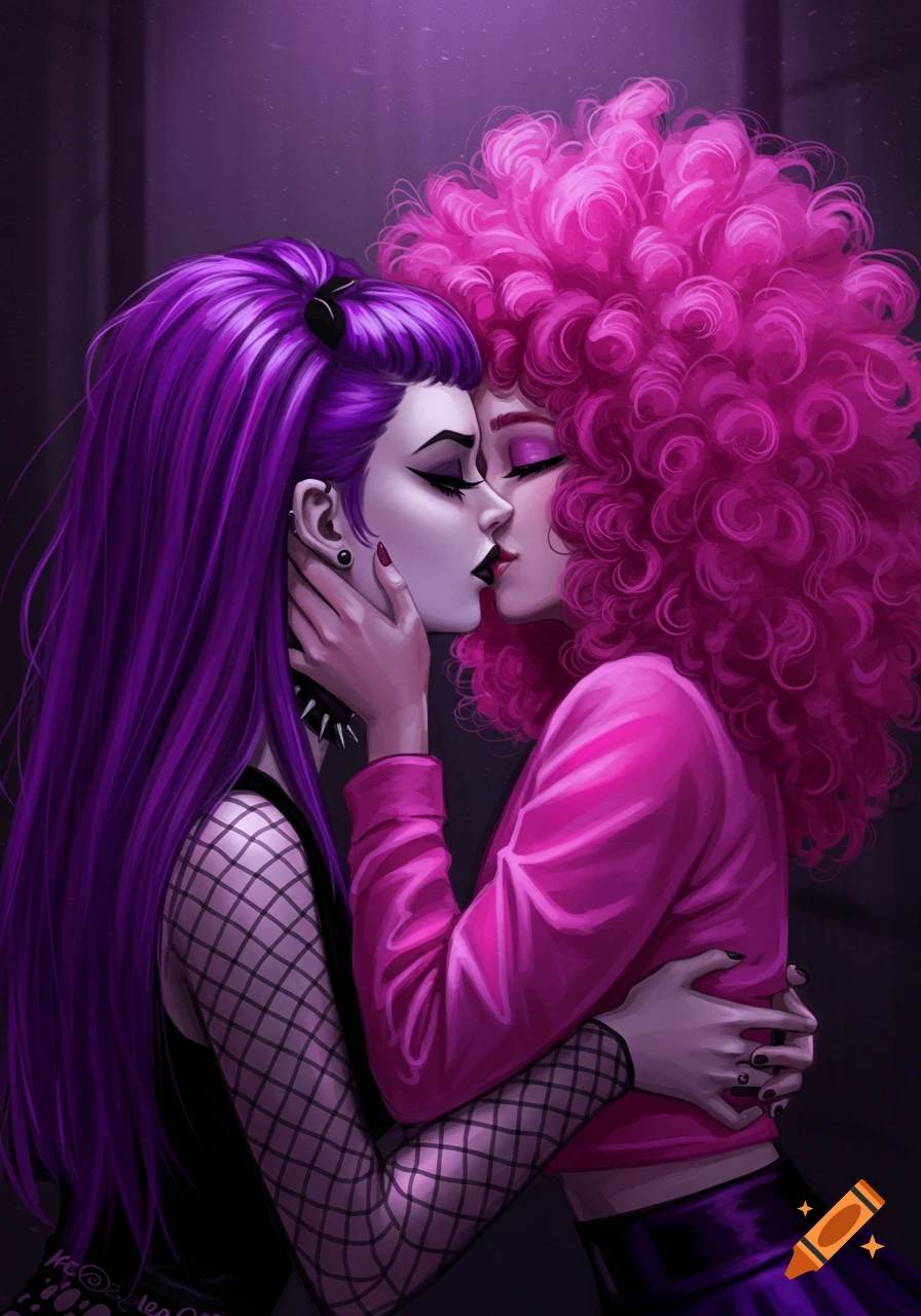 Illustration of two women, one with purple hair and goth style, one with pink curly hair, kissing.