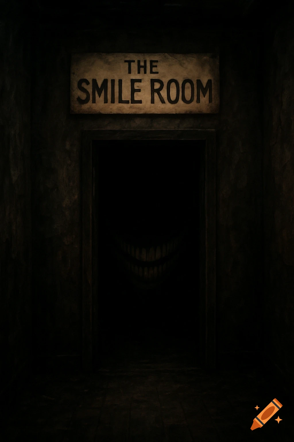 A terrifying dark room with a door labeled "THE SMILE ROOM". Creepy teeth grin from the darkness within the doorway.