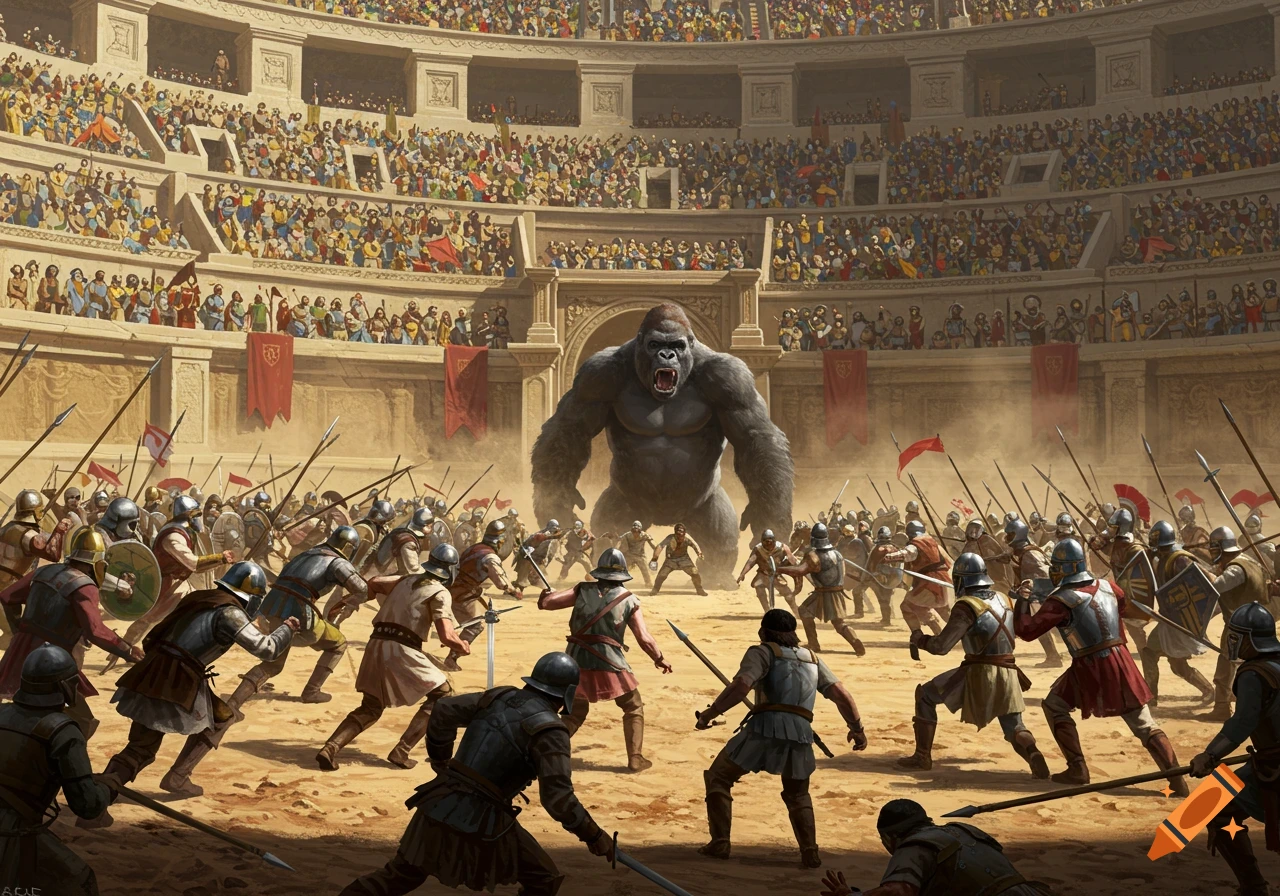 Giant gorilla fights gladiators in a crowded Roman arena, digital painting.