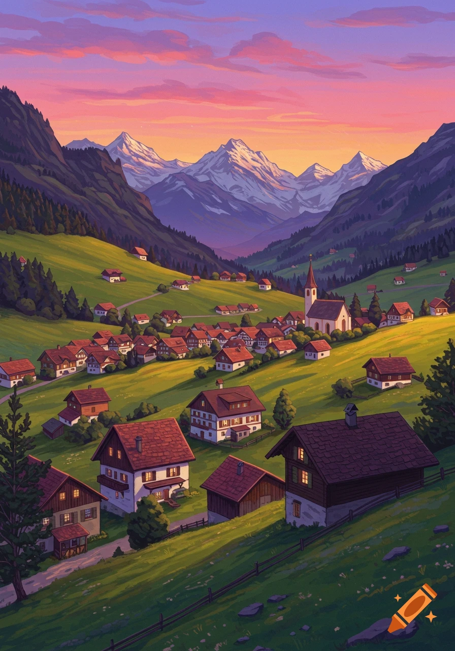 Illustration of a village nestled in a green valley with mountains at sunset