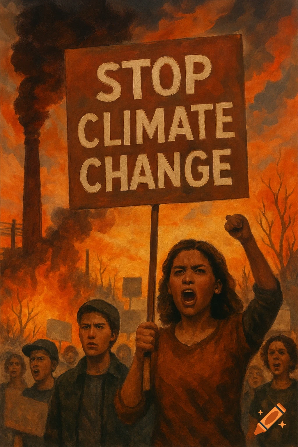 Painting of a climate protest. A woman holds a sign "STOP CLIMATE CHANGE" among protesters near smoking factory stacks and burning land.