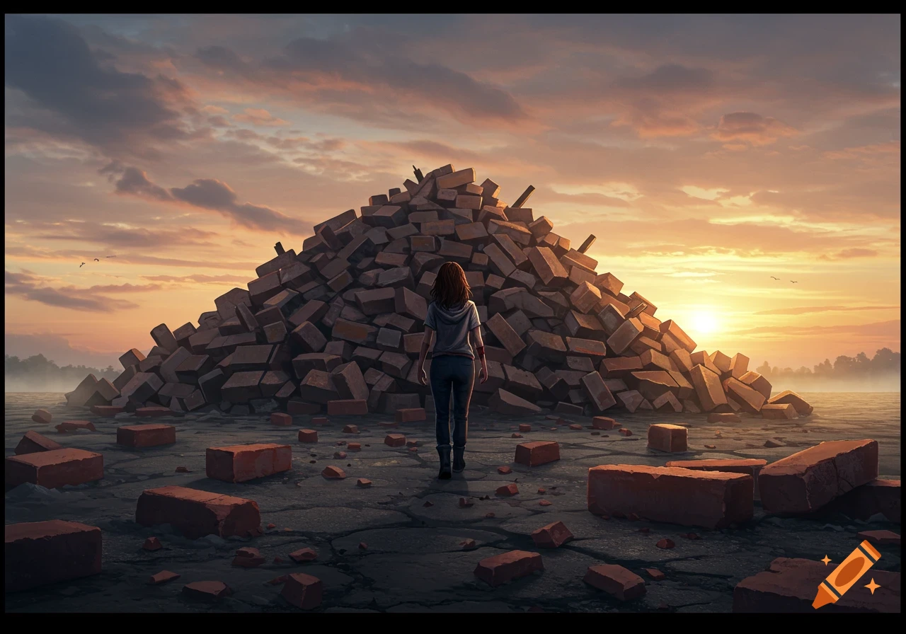 Woman stands facing a massive pile of bricks at sunset with scattered bricks on cracked ground.