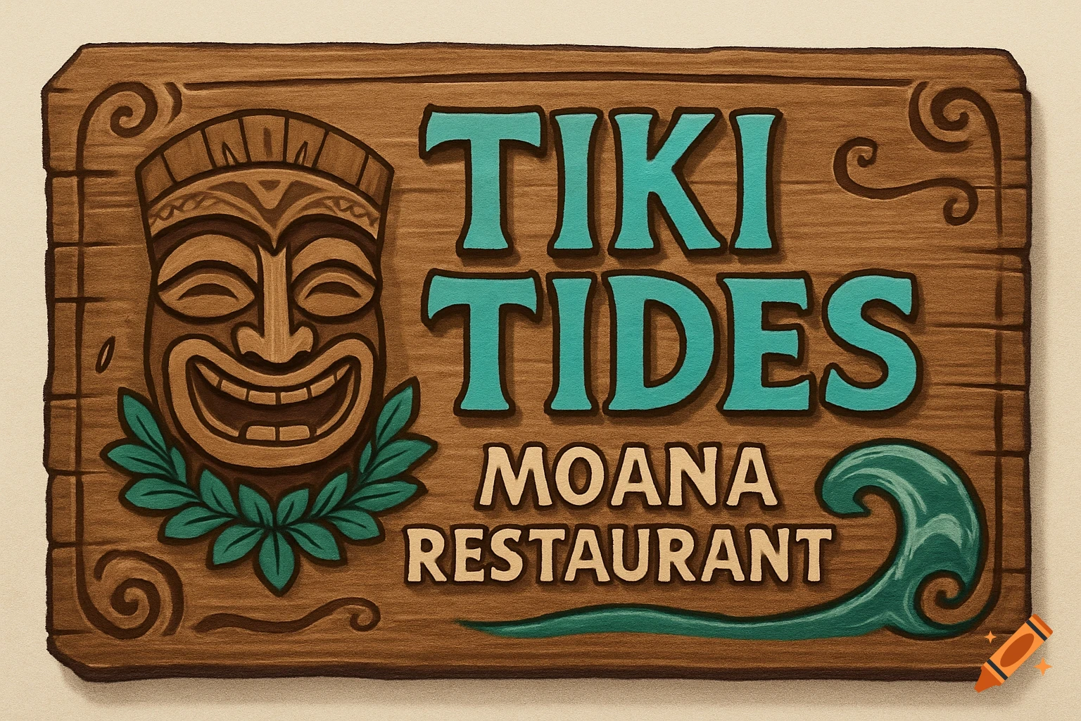 A carved wooden sign with a tiki mask, teal text "Tiki Tides", and tan text "Moana Restaurant" with a wave.