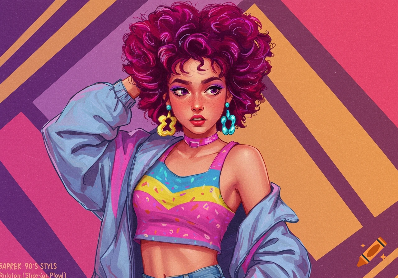 Illustration of a woman with curly purple hair wearing a 90s crop top and jacket against a geometric background.