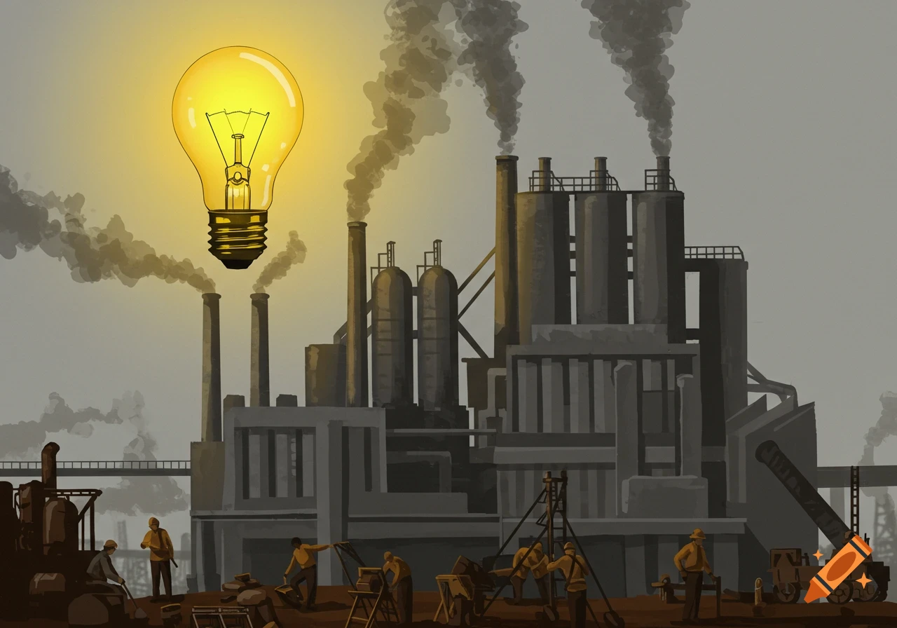 A light bulb illuminates a factory with smoking chimneys and workers below.