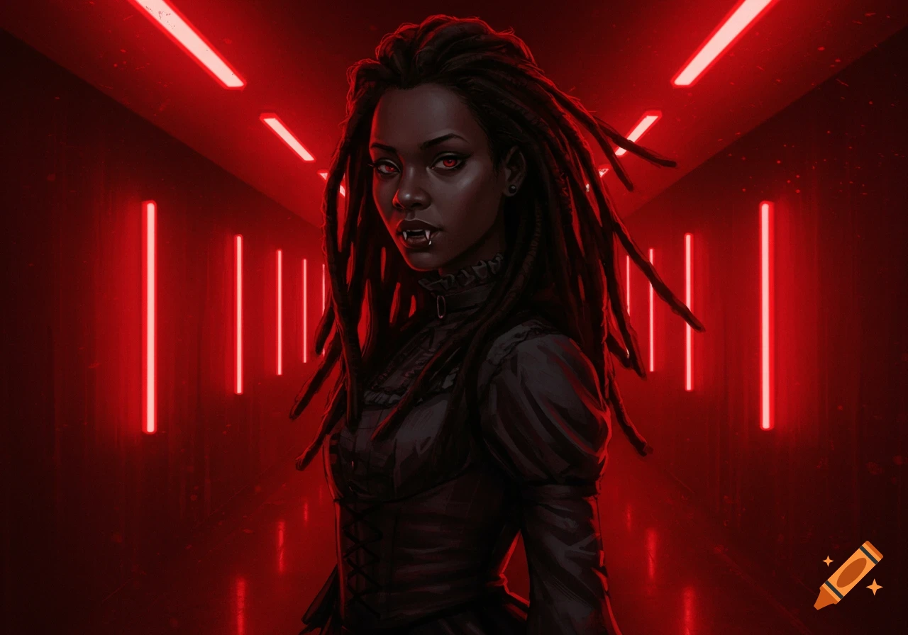 A vampire girl with dreadlocks stands in a red-lit corridor.