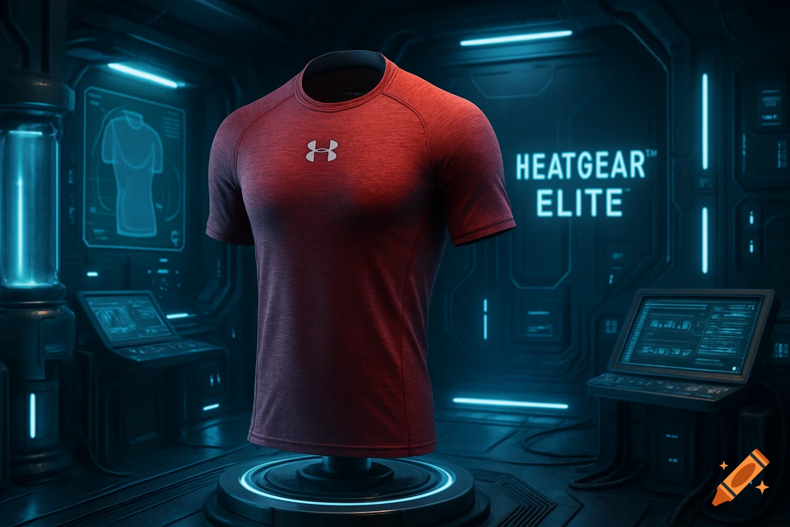 A red Under Armour t-shirt displayed on a podium in a futuristic lab setting with glowing screens.