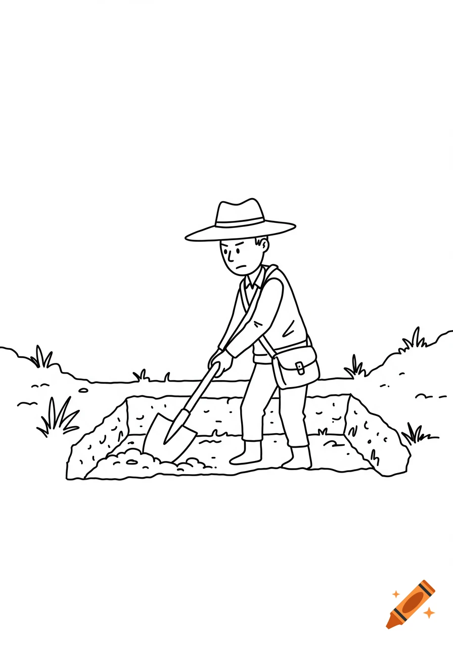 A black and white cartoon illustration of an archaeologist digging a hole with a shovel.