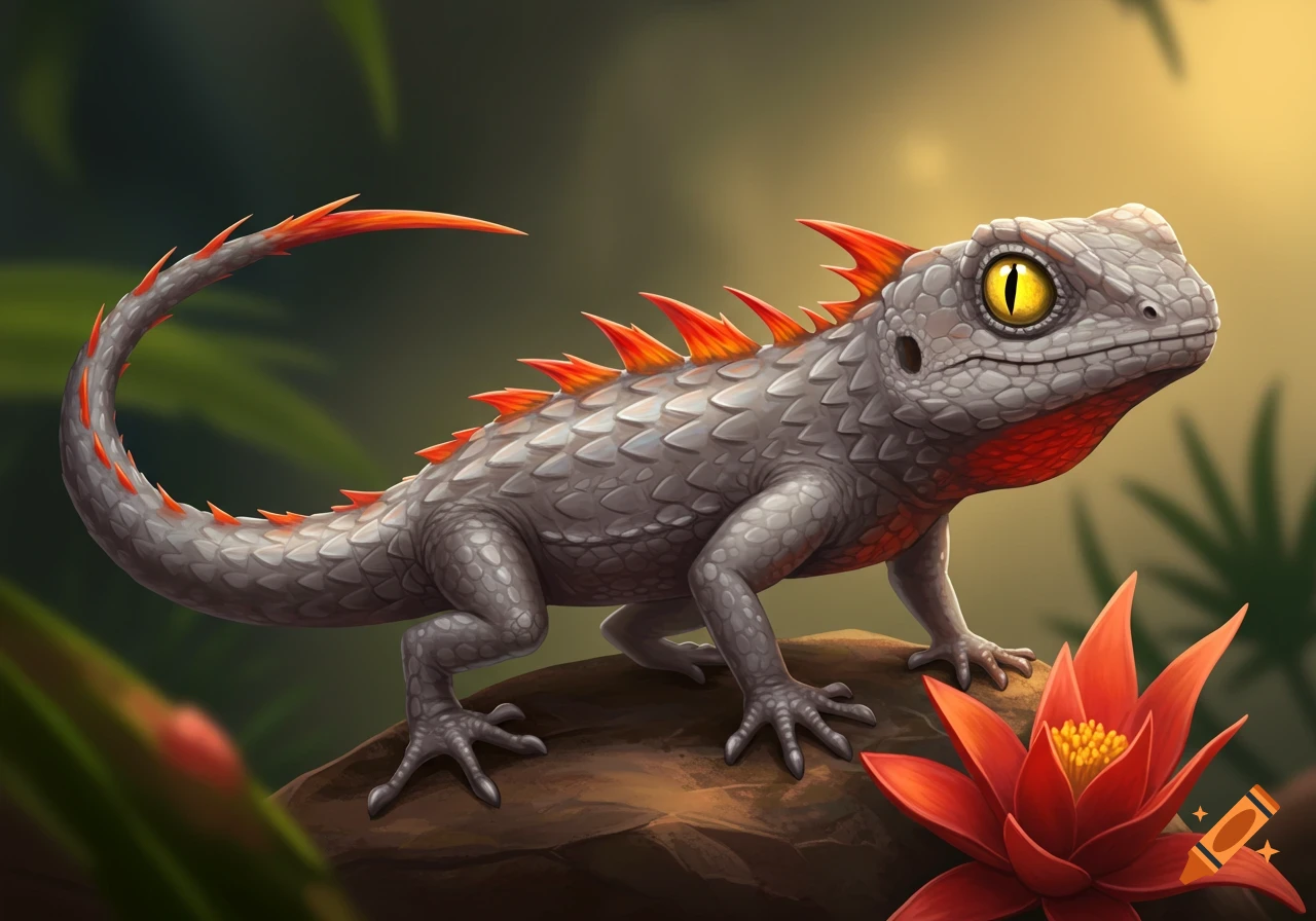 A stylized gray lizard with orange and red spikes, yellow eyes, and a spiky tail, standing on a rock in a jungle setting.