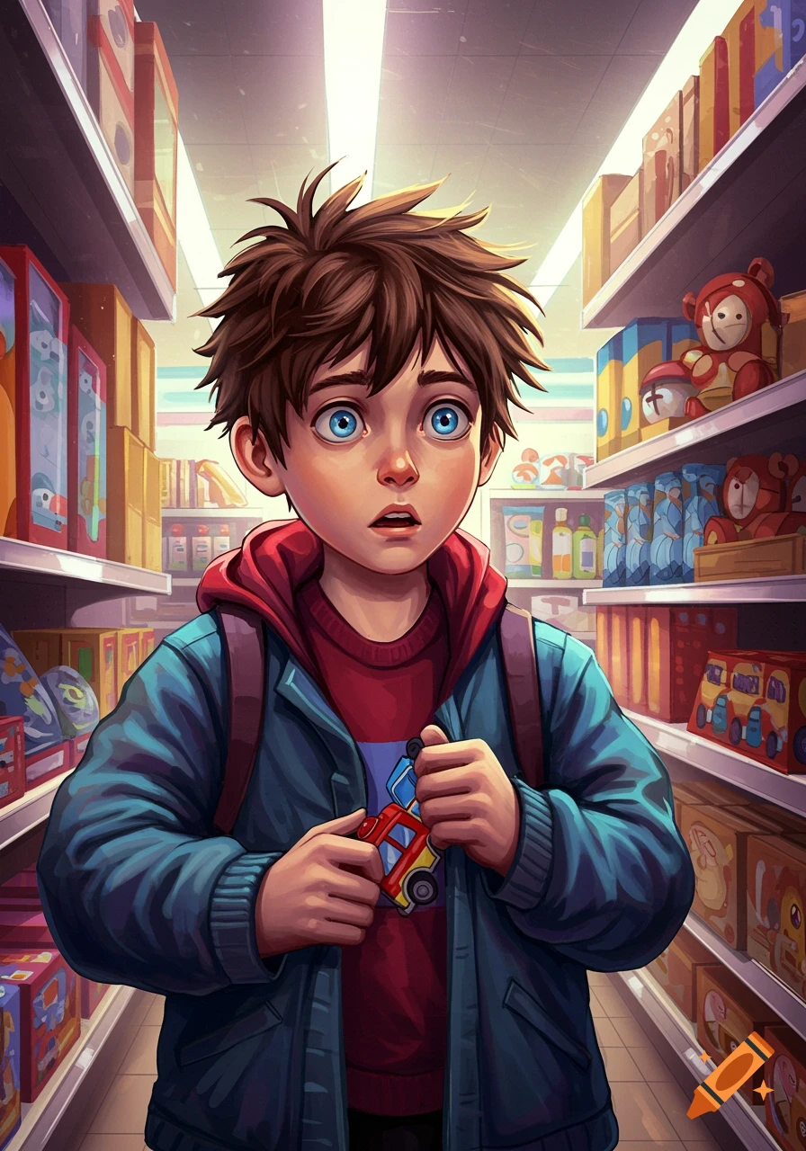 Illustration of a boy looking surprised in a store aisle, holding a toy car.