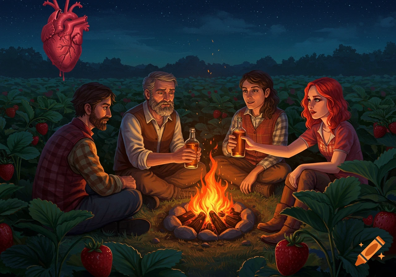 People sit around a campfire in a strawberry field at night under a floating anatomical heart.