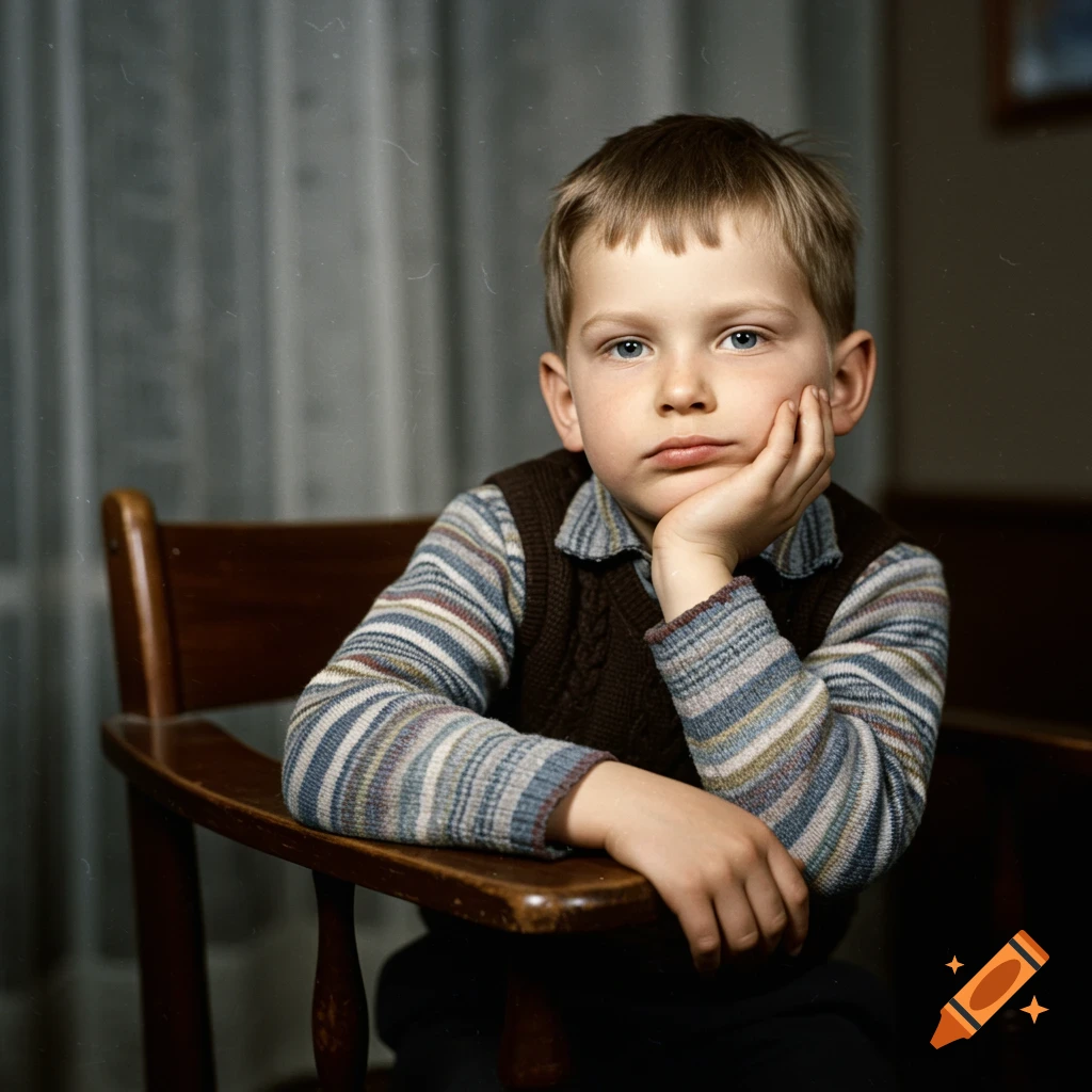 Young boy in a striped shirt and vest sitting and resting his chin on his hand. Vintage style photo.