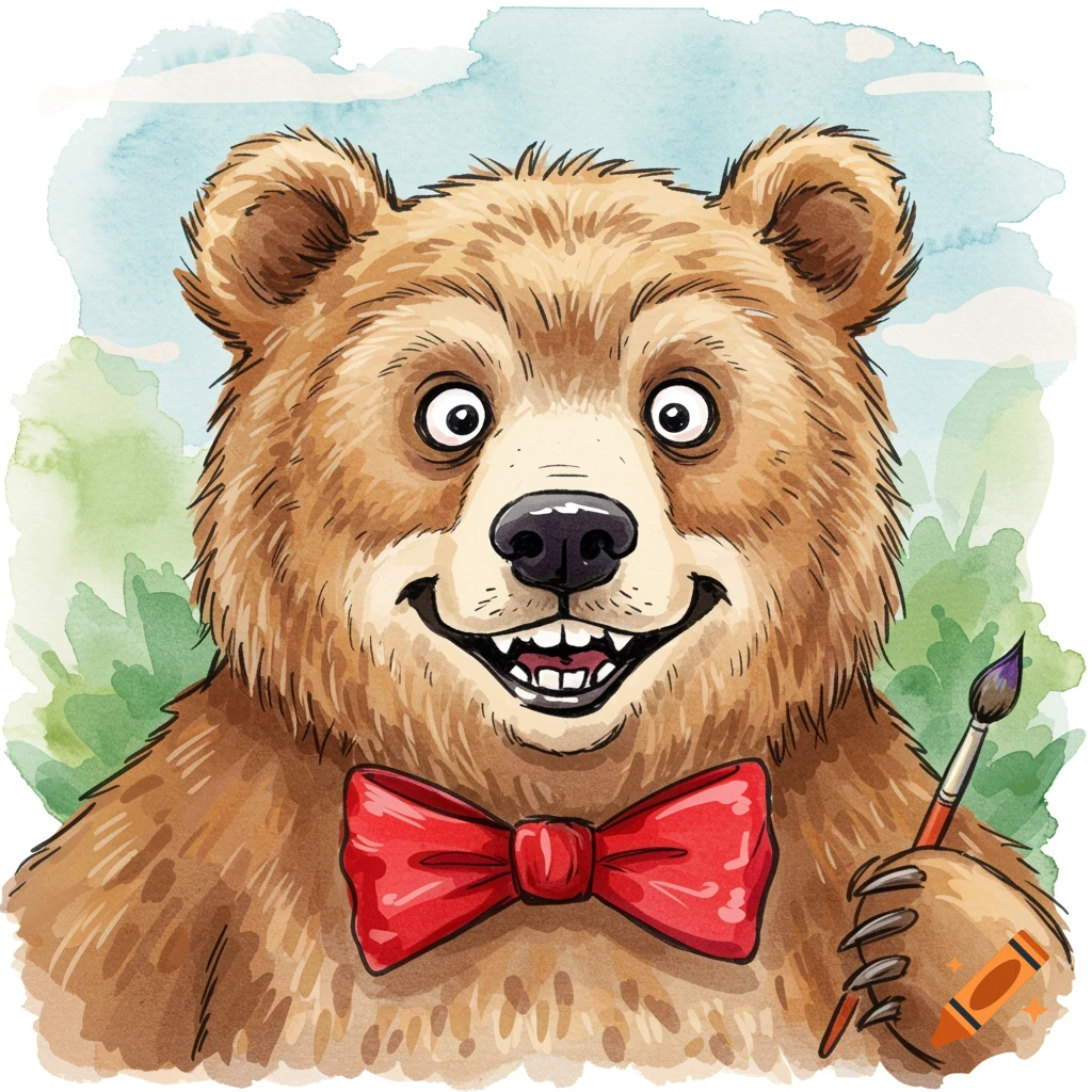 Funny watercolor cartoon bear with red bow tie holding a paintbrush