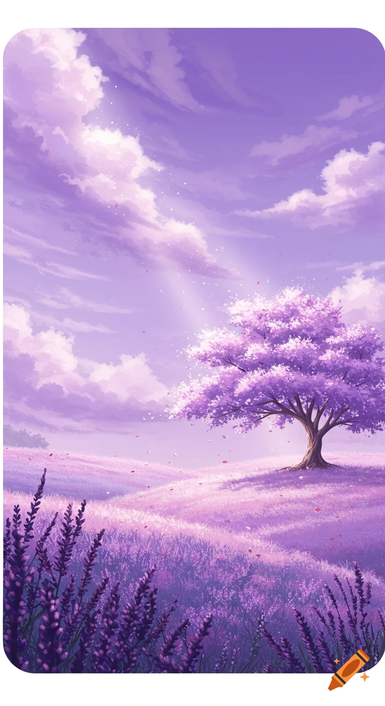 Fantasy landscape with purple flowers on a large tree, purple lavender fields, and purple clouds.