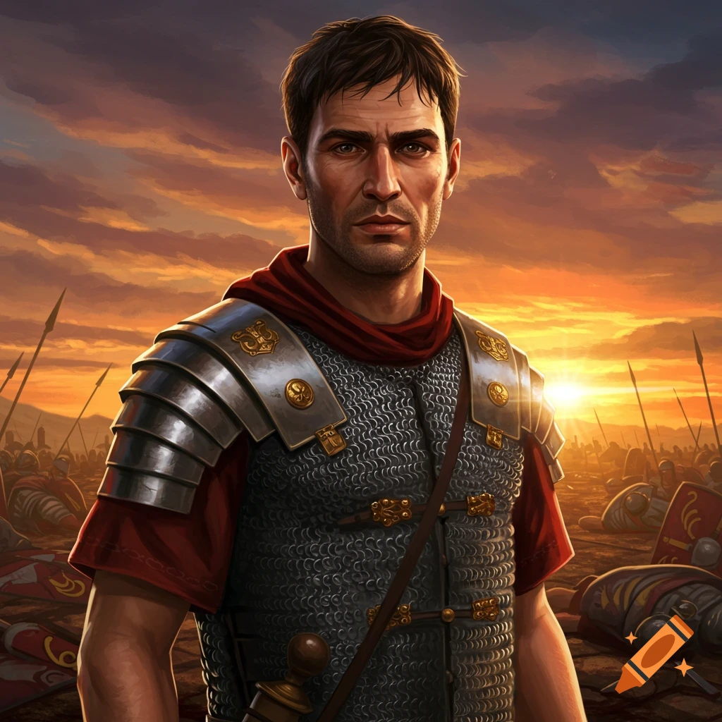 Digital painting of a Roman soldier in armor on a battlefield at sunset.