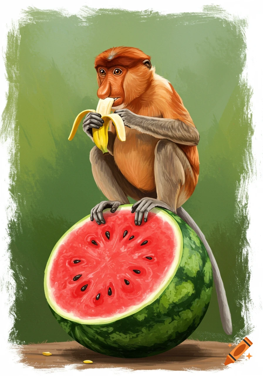 Illustration of a proboscis monkey eating a banana while sitting on a halved watermelon.