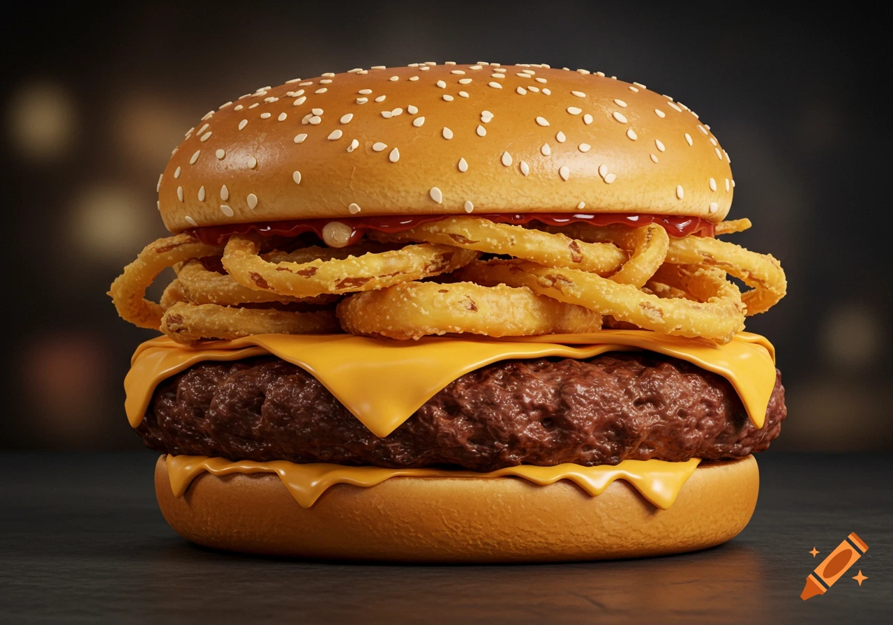 Close-up photorealistic burger with cheese and onion rings