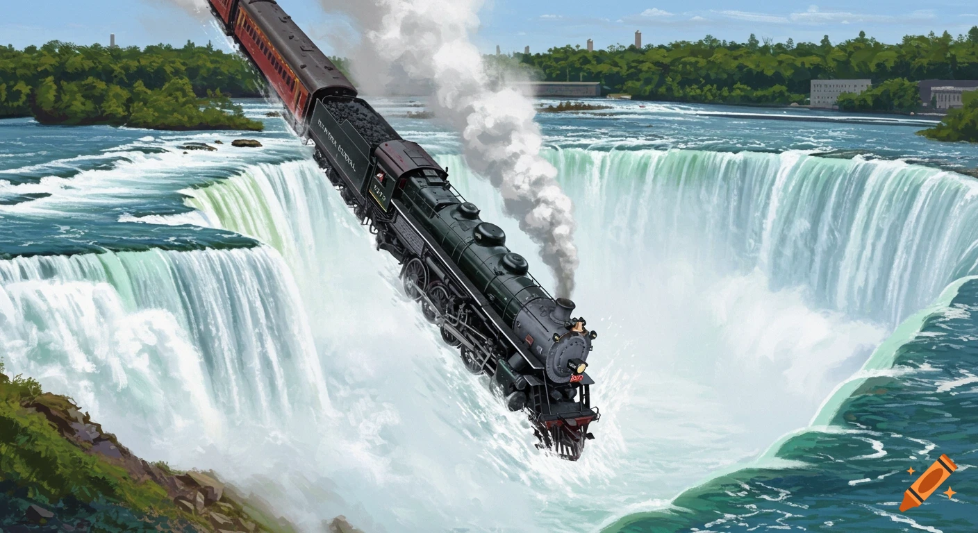A steam train plunges over a large waterfall
