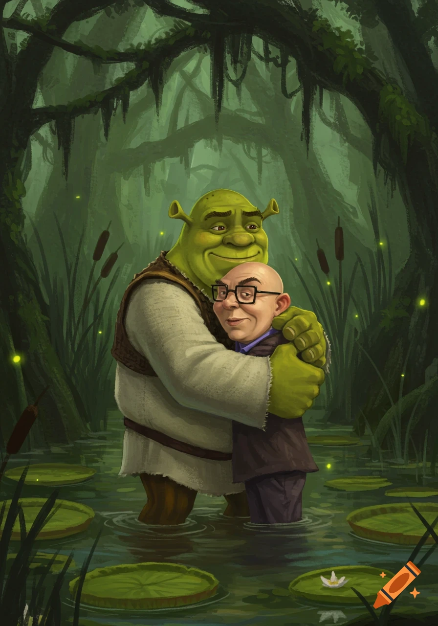 Shrek hugs a bald man with glasses in a swamp filled with lily pads and cattails. Illustration.