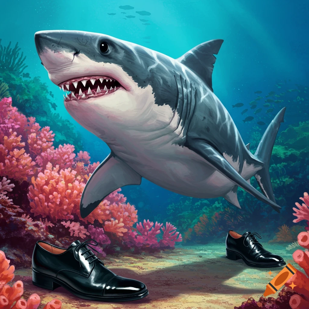 An illustration of a shark swimming underwater near two pairs of black shoes on the seabed.