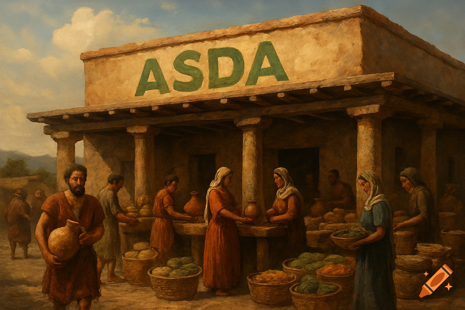 Painting of people trading at a market building with a large "ASDA" sign in an ancient setting.
