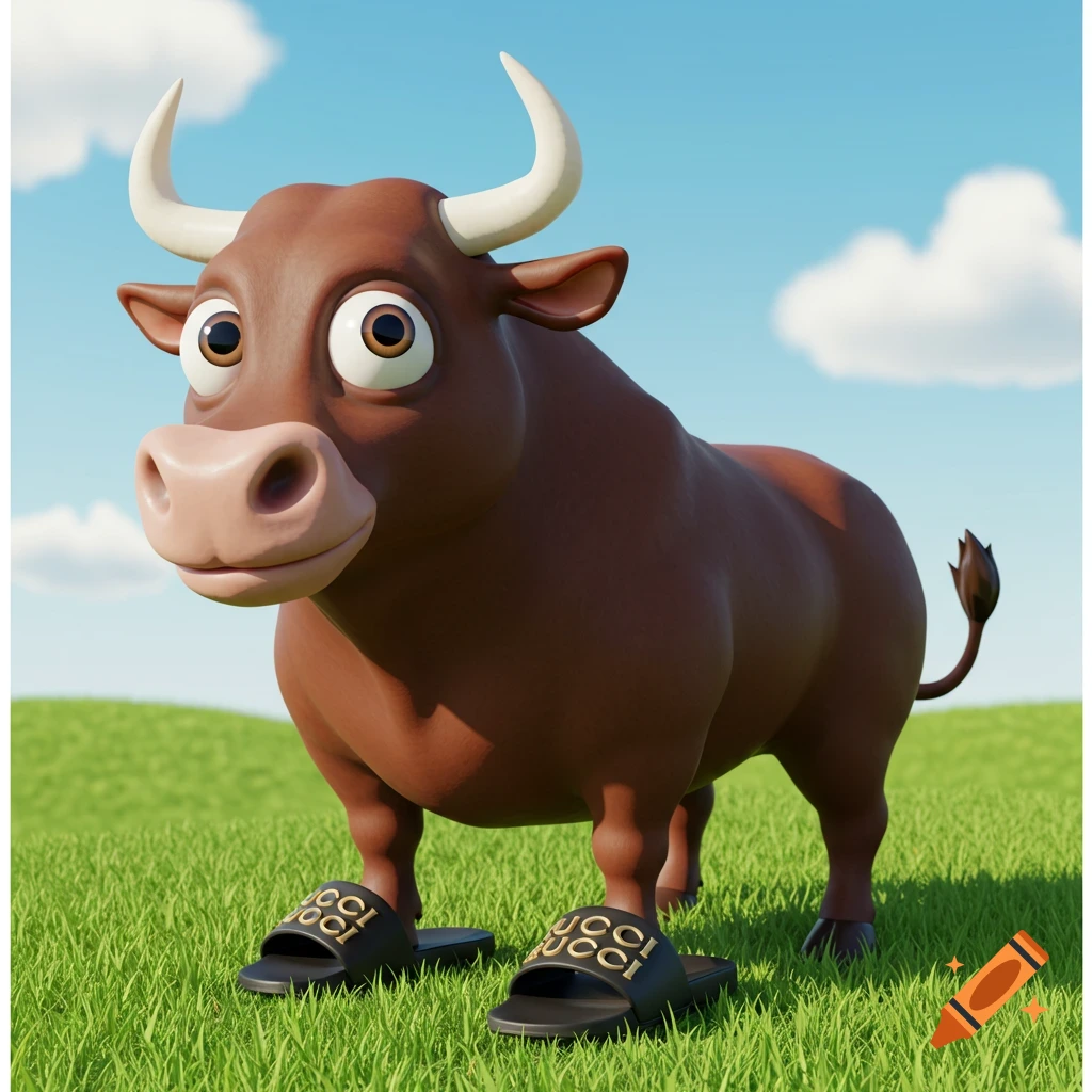 A cartoon bull wearing black Gucci slides in a grassy field.