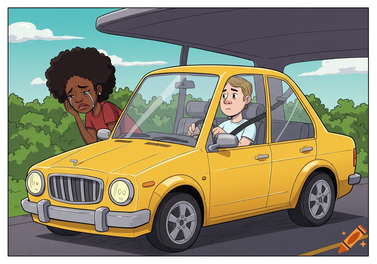 Cartoon illustration of a woman crying leaning on a yellow car where a man is driving.