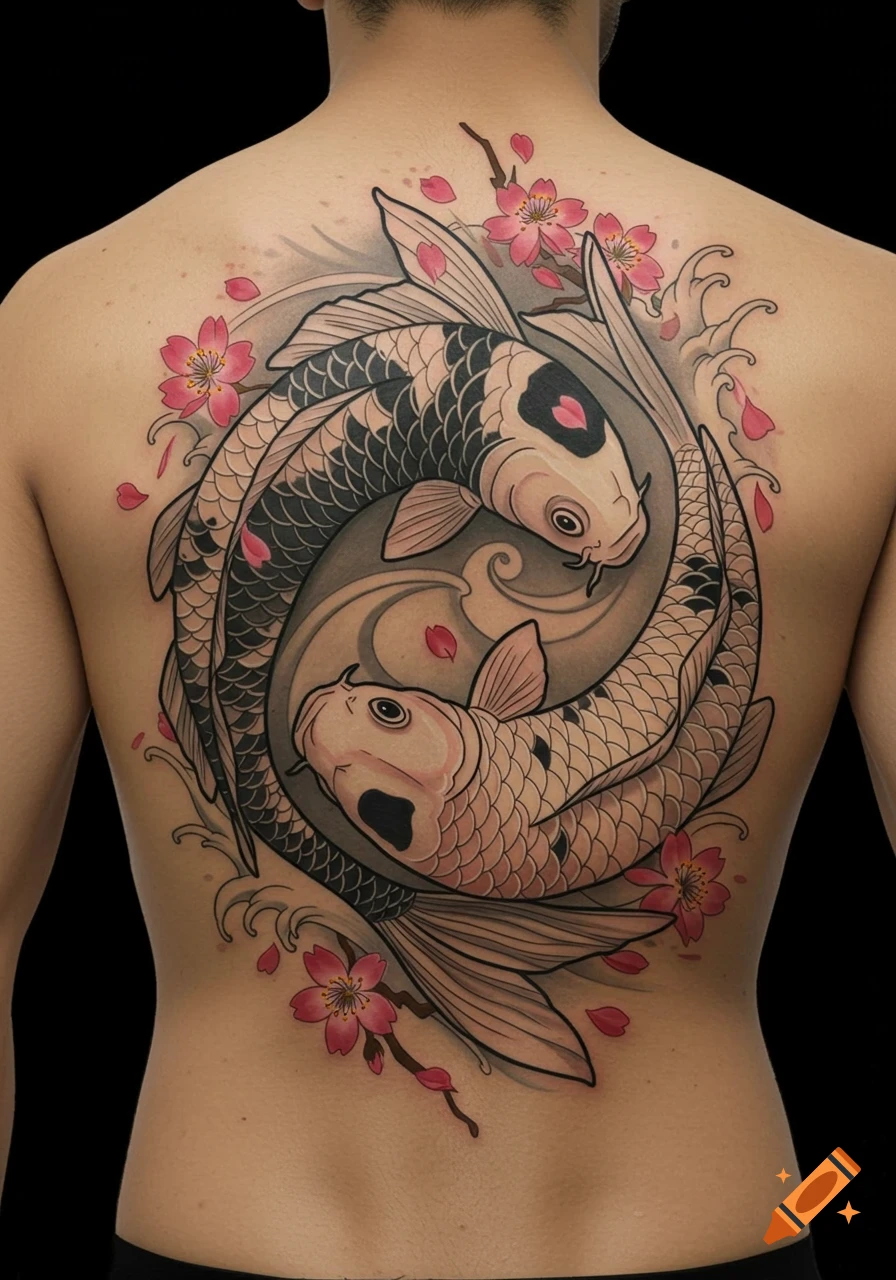 Two koi fish in a yin-yang design on a back tattoo, with cherry blossoms and waves in traditional art style.