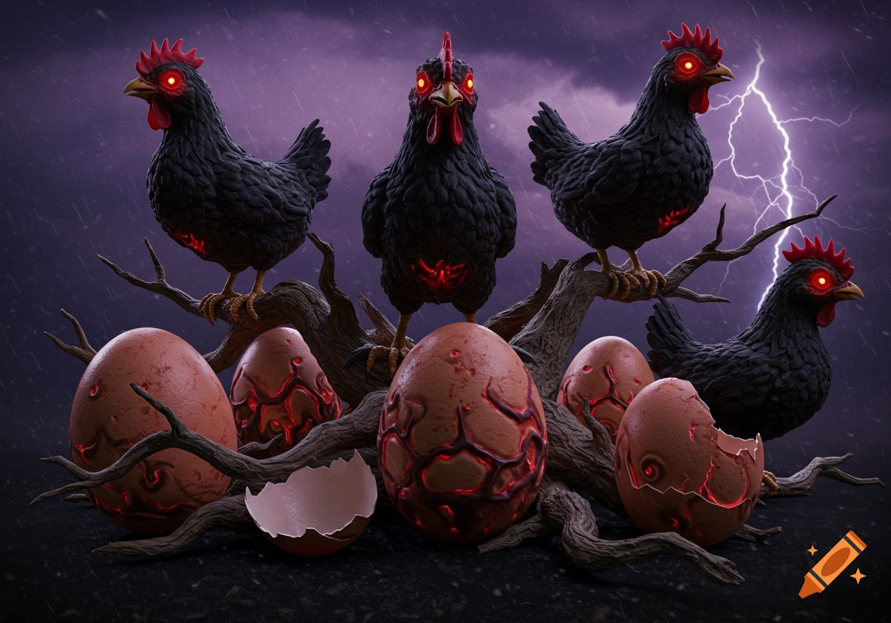 Evil black chickens with red eyes perch on branches among glowing eggs under a stormy, lightning-filled sky in a 3D rendering.