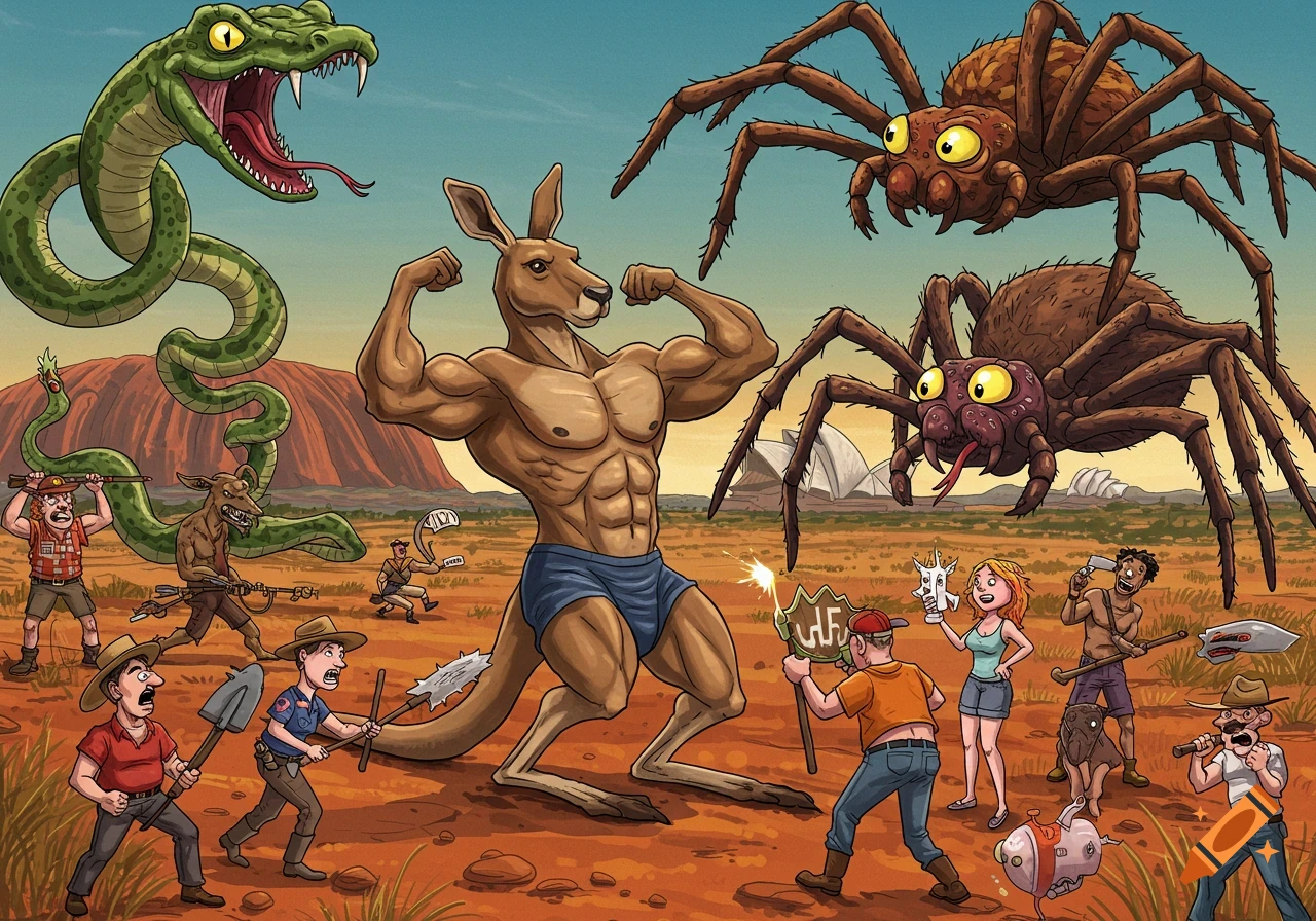 A muscular kangaroo, giant spiders, and a snake battle people in a cartoon Australia.