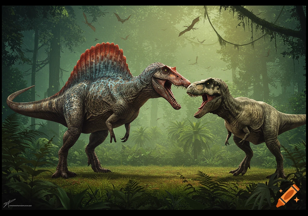 Realistic illustration of a Spinosaurus and T-Rex in a jungle