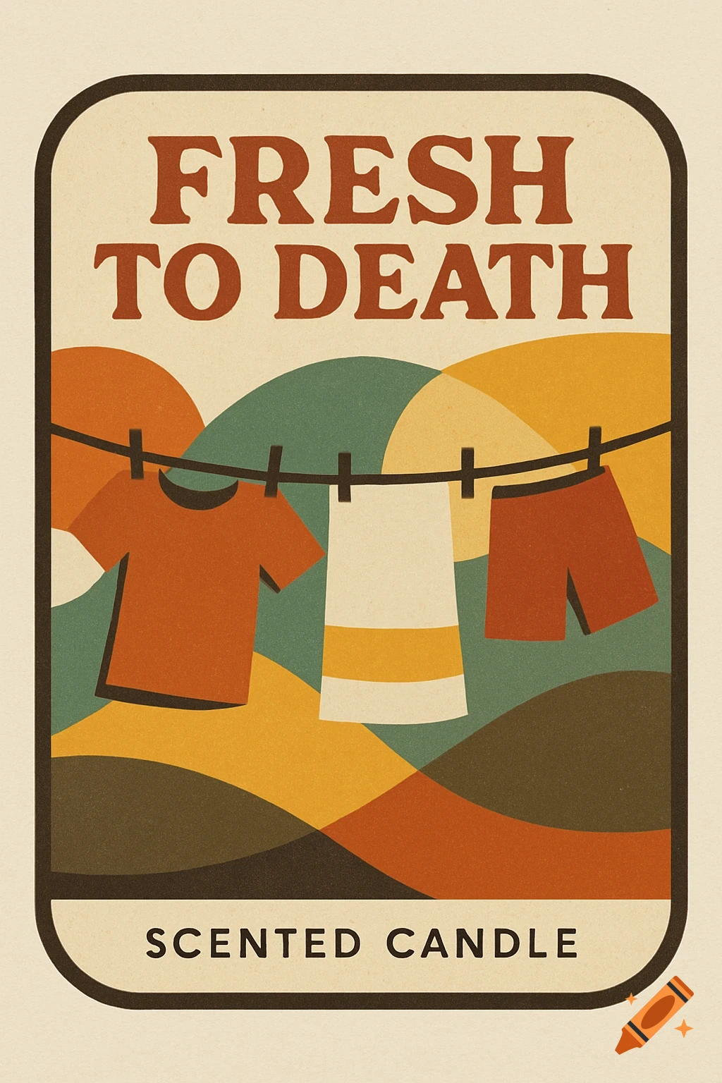 Retro illustration of laundry on a clothesline with text 'Fresh to Death Scented Candle'.